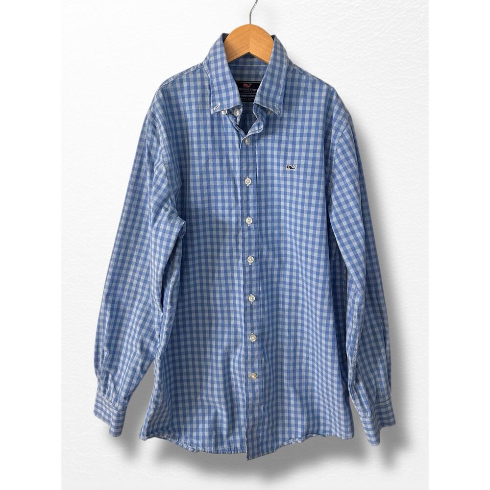 Vineyard Vines Boys’ Blue Gingham Whale Shirt, Size 16